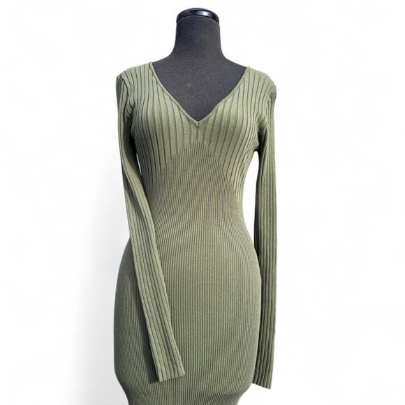 Emory Park Rib Knit Long Sleeve Sweater Dress in Khaki Green, S - Picture 3 of 10